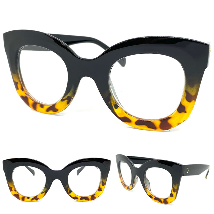 Oversized Exaggerated Retro Style Clear Lens EYEGLASSES Thick Black & Leopard Optical Frame - RX Capable 1309