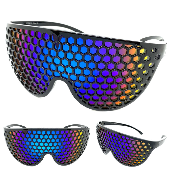 Oversized & Exaggerated Shield Style Party SUNGLASSES Huge Honeycomb Grid Lens 58870