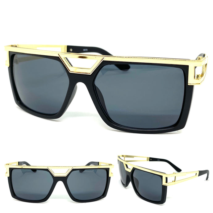 Oversized Retro Hip Hop Style SUNGLASSES Matte Black & Gold Frame 8976