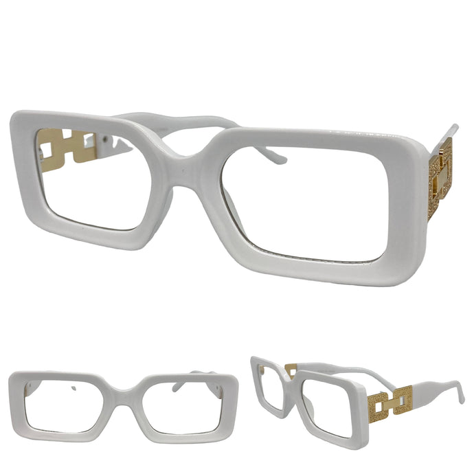 Ladies Classy Modern RETRO Style Clear Lens EYE GLASSES Rectangular White & Gold Optical Frame RX-Capable 89338