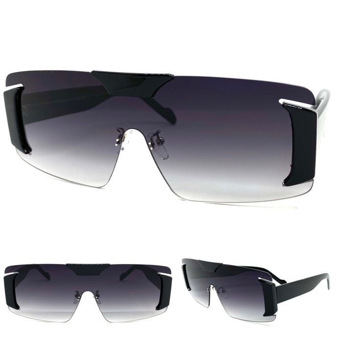 Futuristic Modern Retro Shield Style SUNGLASSES Large Black Frame Gradient Lens 58794