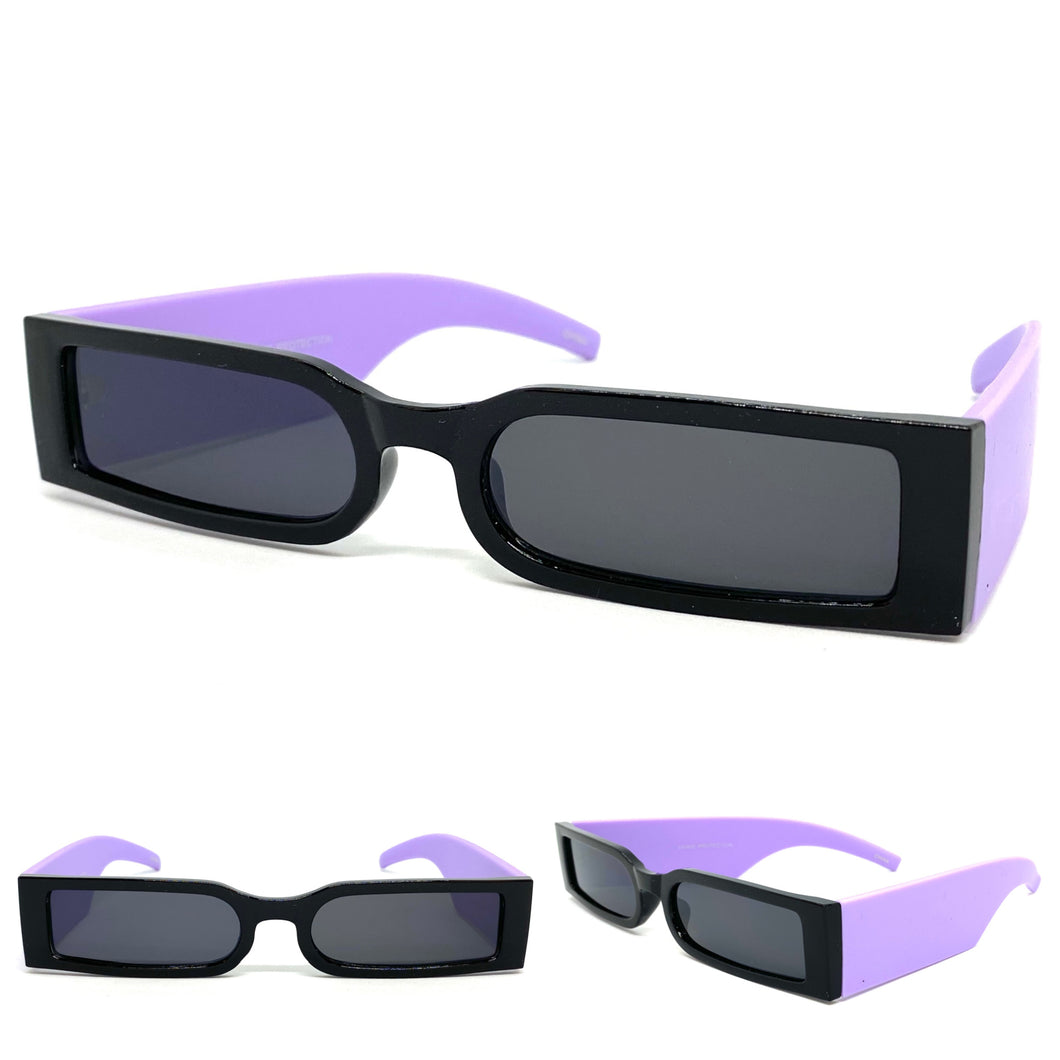 Futuristic Modern Retro Style SUNGLASSES Thin Rectangular Black & Purple Frame 80217