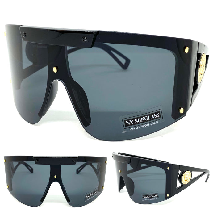 Oversized Classic Retro Luxury Shield Style SUNGLASSES Huge Black Frame 9729