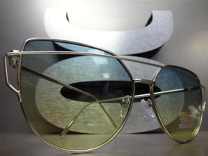 Trendy Cat Eye Sunglasses- Silver Frame/ Green & Yellow Lens
