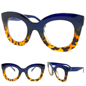 Oversized Exaggerated Retro Style Clear Lens EYEGLASSES Thick Blue & Leopard Optical Frame - RX Capable 1309