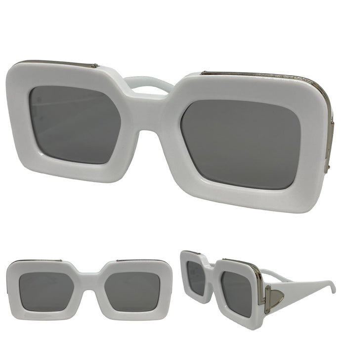 Oversized Classic Retro Style SUNGLASSES Thick Square White & Silver Frame 80255