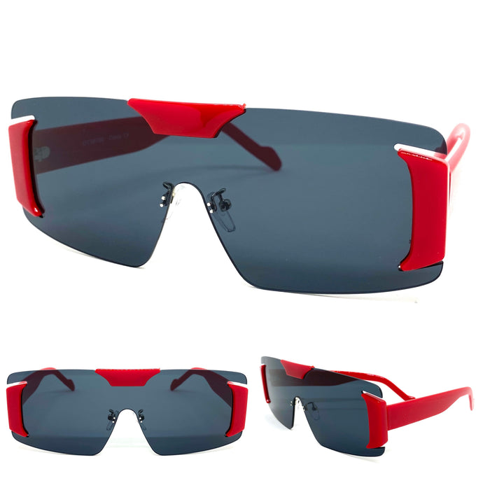 Futuristic Modern Retro Shield Style SUNGLASSES Large Red Frame Dark Lens 58794