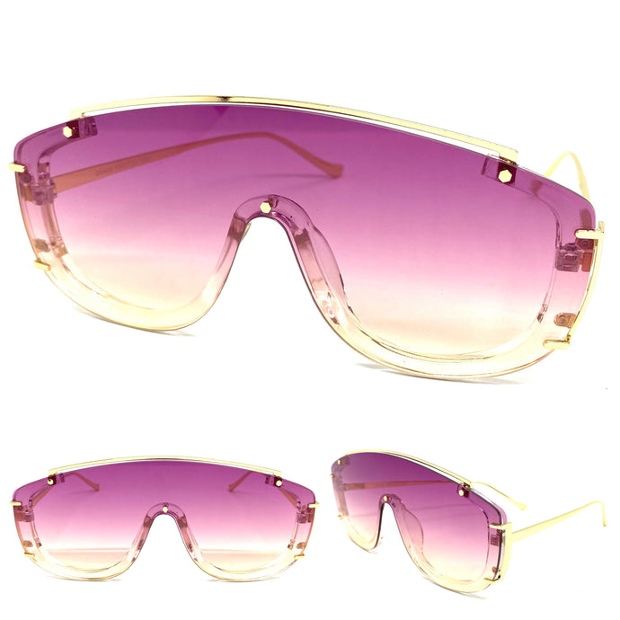 Oversized Classic Luxury Modern Retro Shield Style SUNGLASSES Large Gold Frame Purple Lens 5177