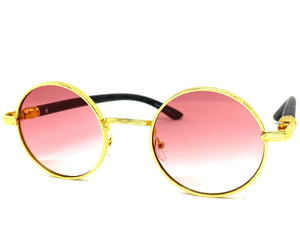 Men's Classy Elegant Luxury Retro Hip Hop Style SUNGLASSES Round Gold & Faux Wooden Frame E0914