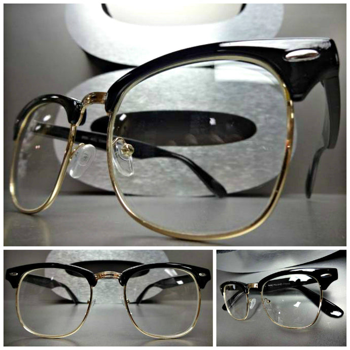 Classic Vintage Retro Style Clear Lens Glasses- Black & Gold