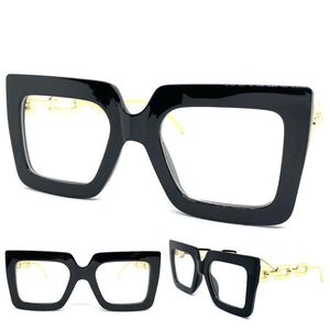 Women's Oversized Classic Vintage RETRO Style Clear Lens EYE GLASSES Large Black & Gold RX-Capable Optical Frame 9051