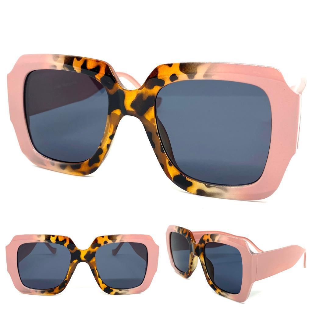 Women's Oversized Classic Vintage Retro Style SUNGLASSES Large Thick Square Pink & Leopard Frame 80249