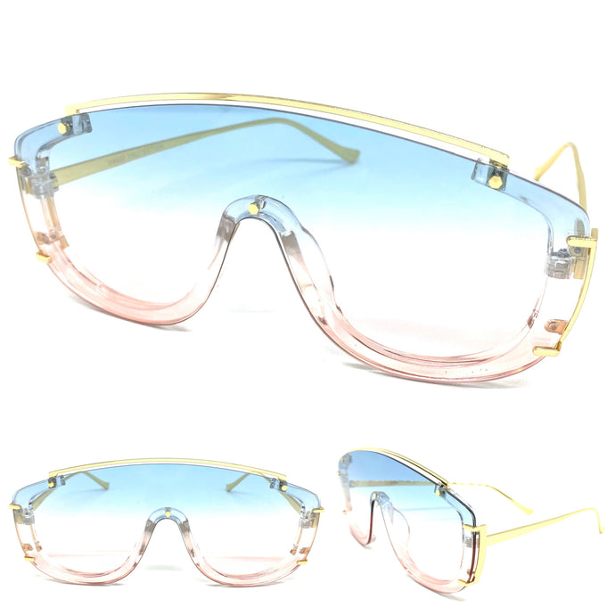 Oversized Classic Luxury Modern Retro Shield Style SUNGLASSES Large Gold Frame Blue & Pink Lens 5177