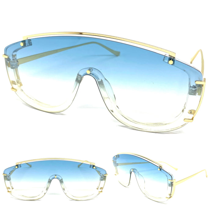 Oversized Classic Luxury Modern Retro Shield Style SUNGLASSES Large Gold Frame Blue Lens 5177