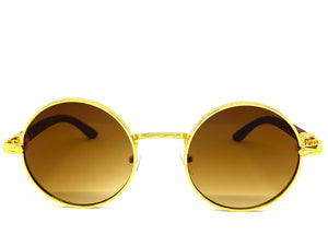 Men's Classy Elegant Luxury Retro Hip Hop Style SUNGLASSES Round Gold & Faux Wooden Frame E0914