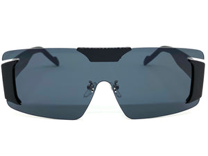 Futuristic Modern Retro Shield Style SUNGLASSES Large Black Frame Dark Lens 58794