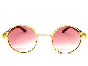 Men's Classy Elegant Luxury Retro Hip Hop Style SUNGLASSES Round Gold & Faux Wooden Frame E0914