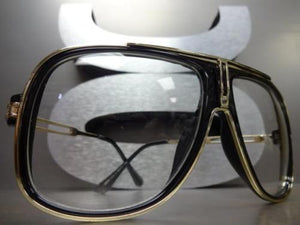 Retro Aviator Clear Lens Glasses- Black & Gold