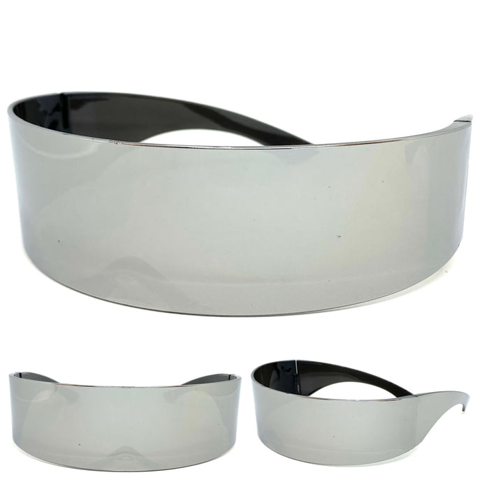 Modern Futuristic Robotic Cyclops Shield Style Party SUNGLASSES - Silver Frame & Lens