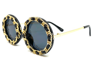 Classy Elegant Vintage Retro Style SUNGLASSES Round Black & Gold Frame 80340