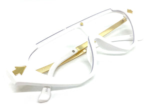 Classy Contemporary Futuristic Modern Shield Style Clear Lens EYE GLASSES White & Gold Frame 96473