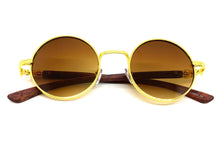 Men's Classy Elegant Luxury Retro Hip Hop Style SUNGLASSES Round Gold & Faux Wooden Frame E0914