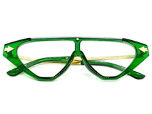 Classy Contemporary Futuristic Modern Shield Style Clear Lens EYE GLASSES Green & Gold Frame 96473
