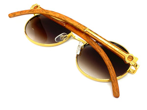 Men's Classy Elegant Luxury Retro Hip Hop Style SUNGLASSES Round Gold & Wooden Frame E0892