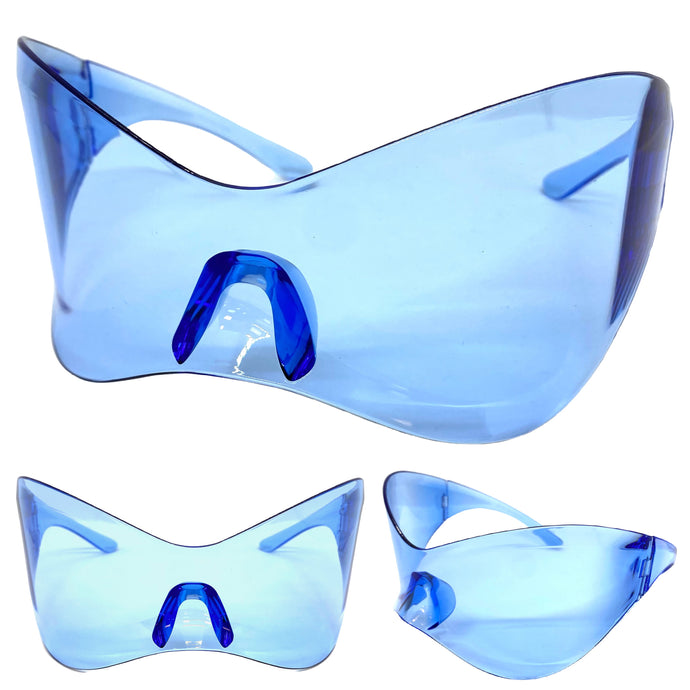 Oversized Exaggerated Modern Retro Face Shield Visor SUNGLASSES Huge Blue Frame & Lens 80347