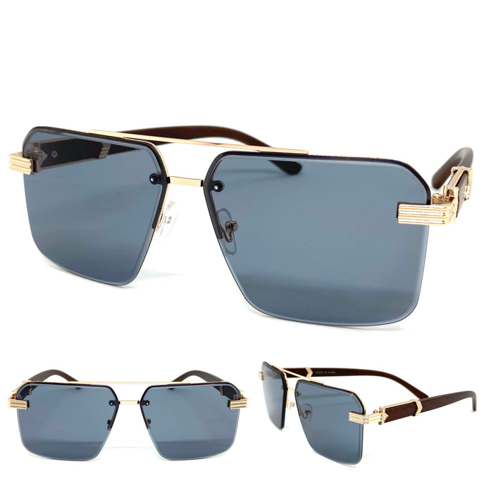 Men's Classy Elegant Luxury Designer Hip Hop Style SUNGLASSES Rose Gold & Faux Wooden Frame 96447