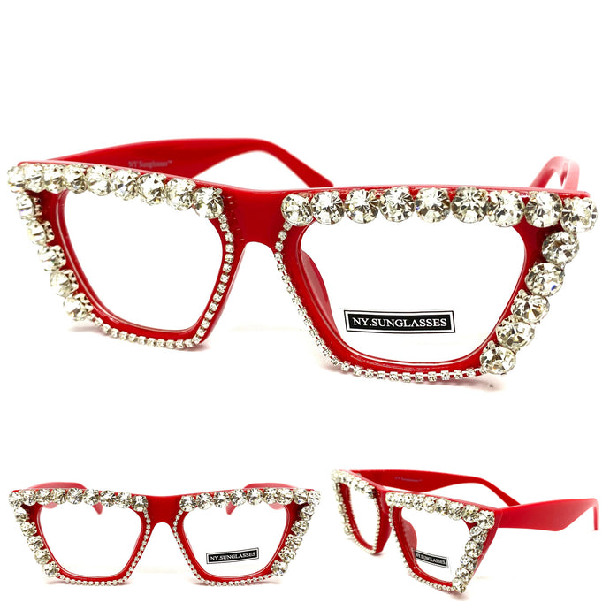 Women's Oversized Retro Cat Eye Style Clear Lens EYEGLASSES Large Funky Bling Red Frame 2643
