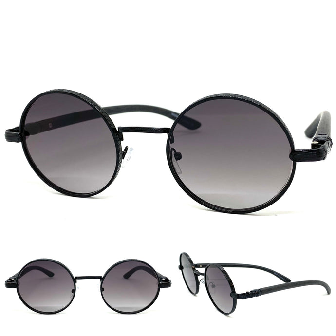 Men's Classy Elegant Luxury Retro Hip Hop Style SUNGLASSES Round Black & Faux Wooden Frame E0914