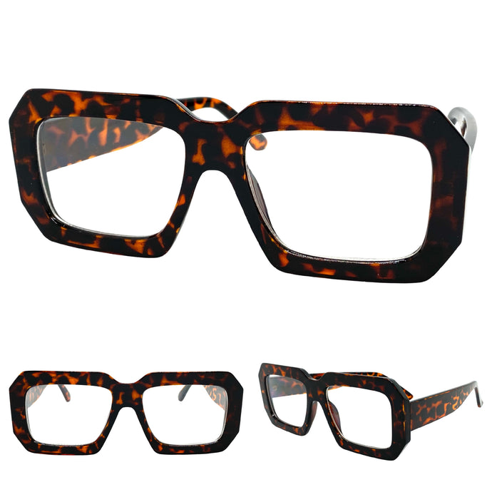 Oversized Vintage Retro Style Clear Lens EYEGLASSES Large Thick Tortoise Optical Frame - RX Capable 81132