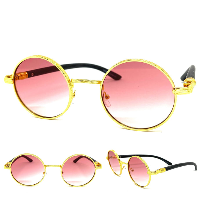 Men's Classy Elegant Luxury Retro Hip Hop Style SUNGLASSES Round Gold & Faux Wooden Frame E0914