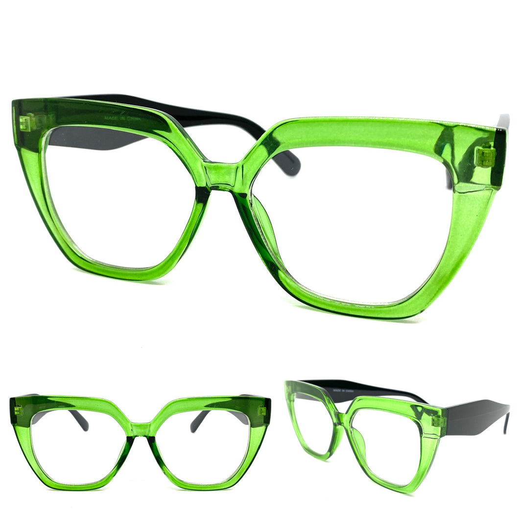 Oversized Exaggerated Retro Cat Eye Style Clear Lens EYEGLASSES Thick Green Frame 81100