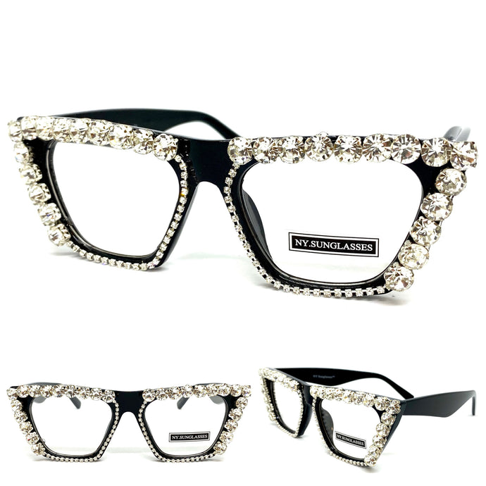 Women's Oversized Retro Cat Eye Style Clear Lens EYEGLASSES Large Funky Bling Black Frame 2643