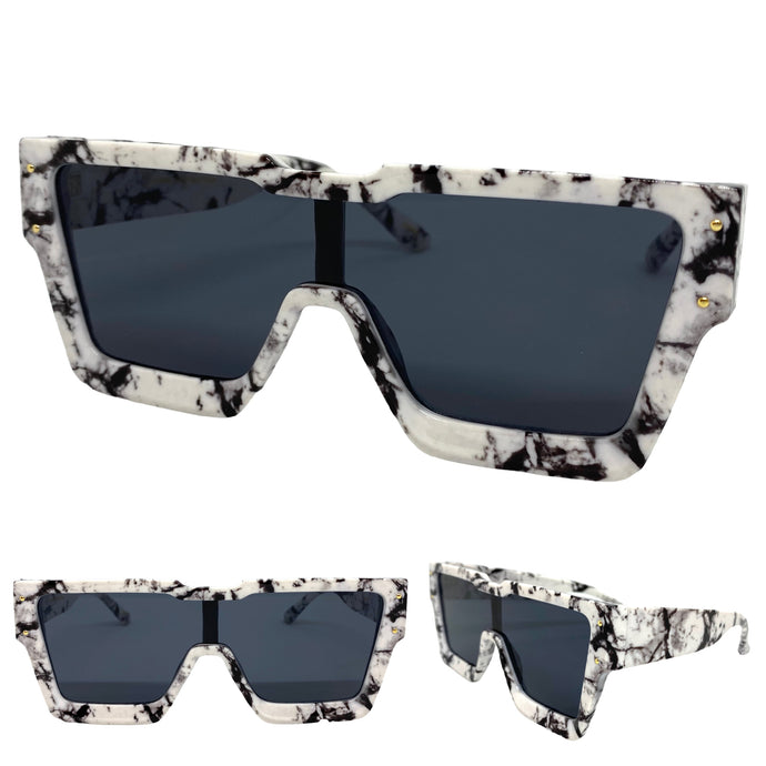 Oversized Luxury Modern Retro Shield Style SUNGLASSES Large Marble Frame 80165