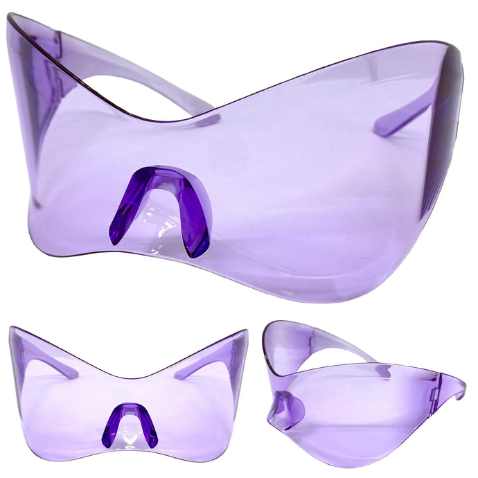 Oversized Exaggerated Modern Retro Face Shield Visor SUNGLASSES Huge Purple Frame & Lens 80347