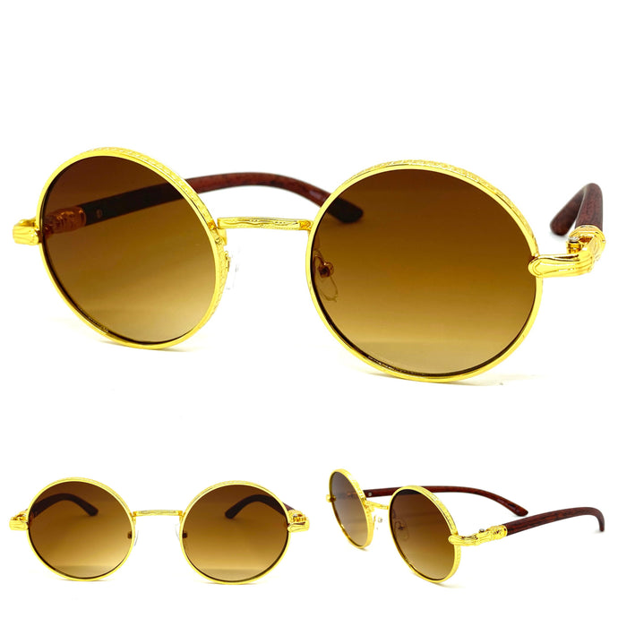 Men's Classy Elegant Luxury Retro Hip Hop Style SUNGLASSES Round Gold & Faux Wooden Frame E0914