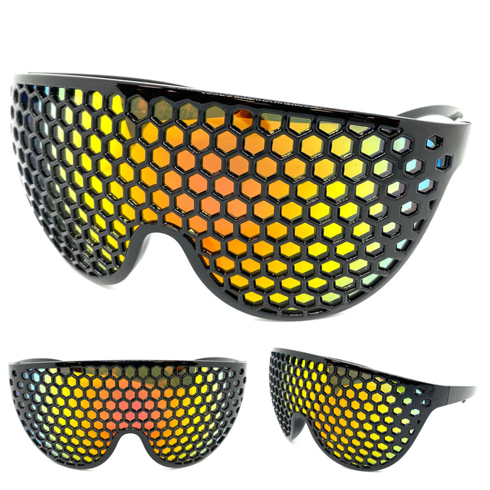 Oversized & Exaggerated Shield Style Party SUNGLASSES Huge Honeycomb Grid Lens 80144