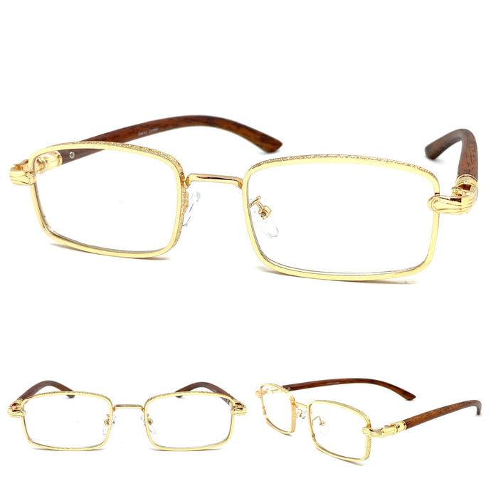 Men's Classy Elegant Luxury Modern CLEAR LENS EYEGLASSES Gold & Faux Wood Frame 7541