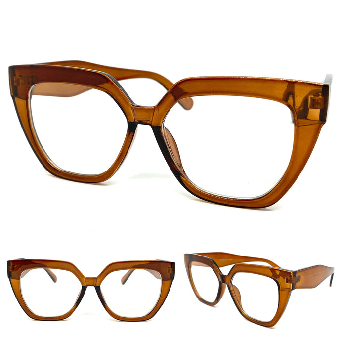 Oversized Exaggerated Retro Cat Eye Style Clear Lens EYEGLASSES Thick Brown Frame 81100