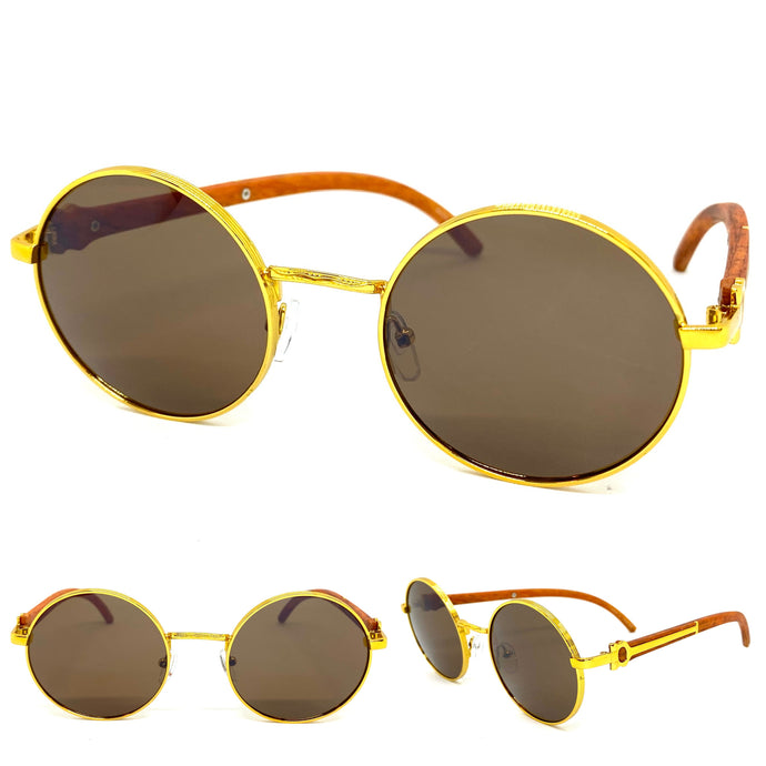 Men's Classy Elegant Luxury Retro Hip Hop Style SUNGLASSES Round Gold & Wooden Frame E0892