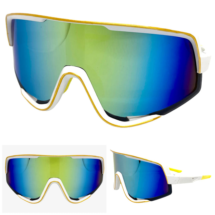 Oversized Retro Sporty Wrap Around Style SUNGLASSES Large White Frame E1643