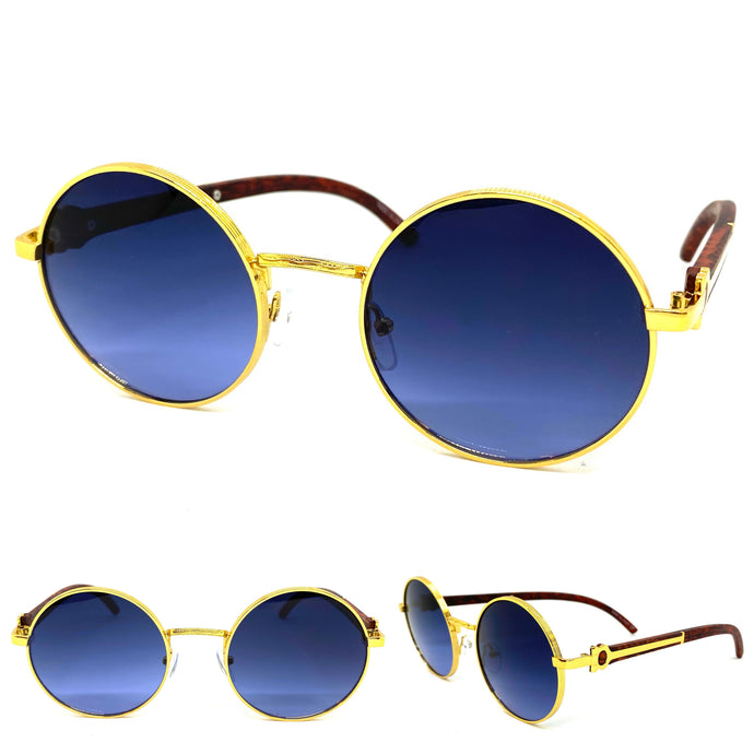 Men's Classy Elegant Luxury Retro Hip Hop Style SUNGLASSES Round Gold & Wooden Frame E0892