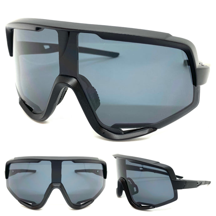 Oversized Retro Sporty Wrap Around Style SUNGLASSES Large Black Frame E1643