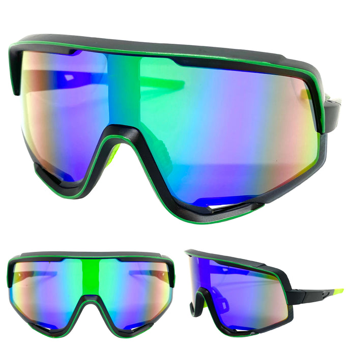 Oversized Retro Sporty Wrap Around Style SUNGLASSES Large Black Frame E1643