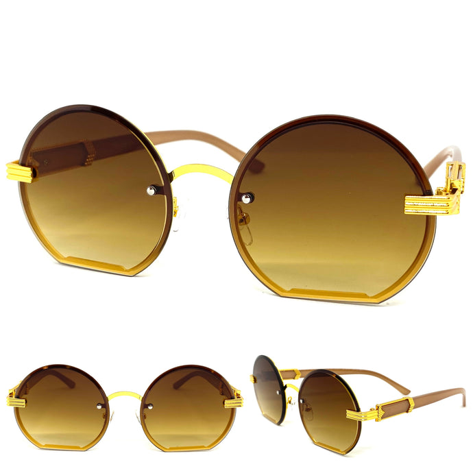 Classy Elegant Luxury Modern Retro Style SUNGLASSES Round Gold Frame 7523