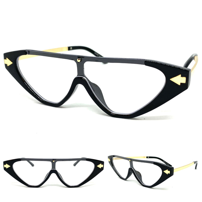 Classy Contemporary Futuristic Modern Shield Style Clear Lens EYE GLASSES Black & Gold Frame 96473