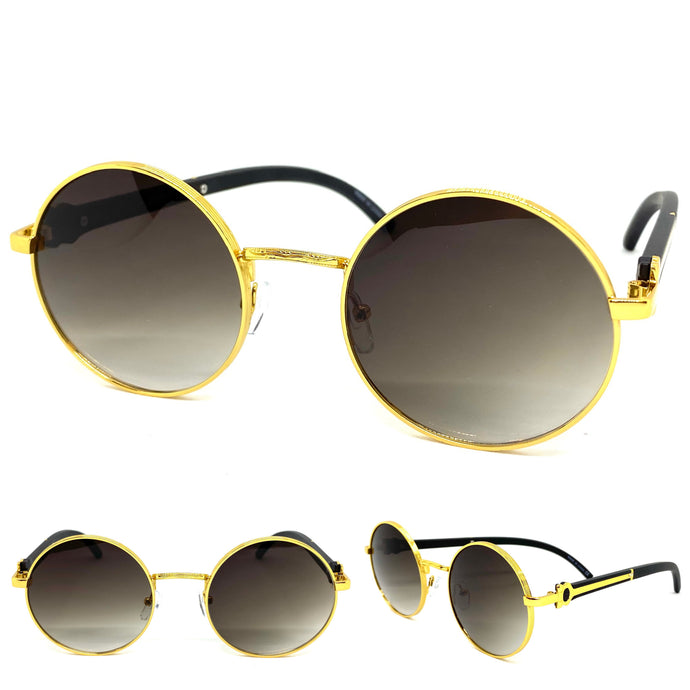 Men's Classy Elegant Luxury Retro Hip Hop Style SUNGLASSES Round Gold & Wooden Frame E0892